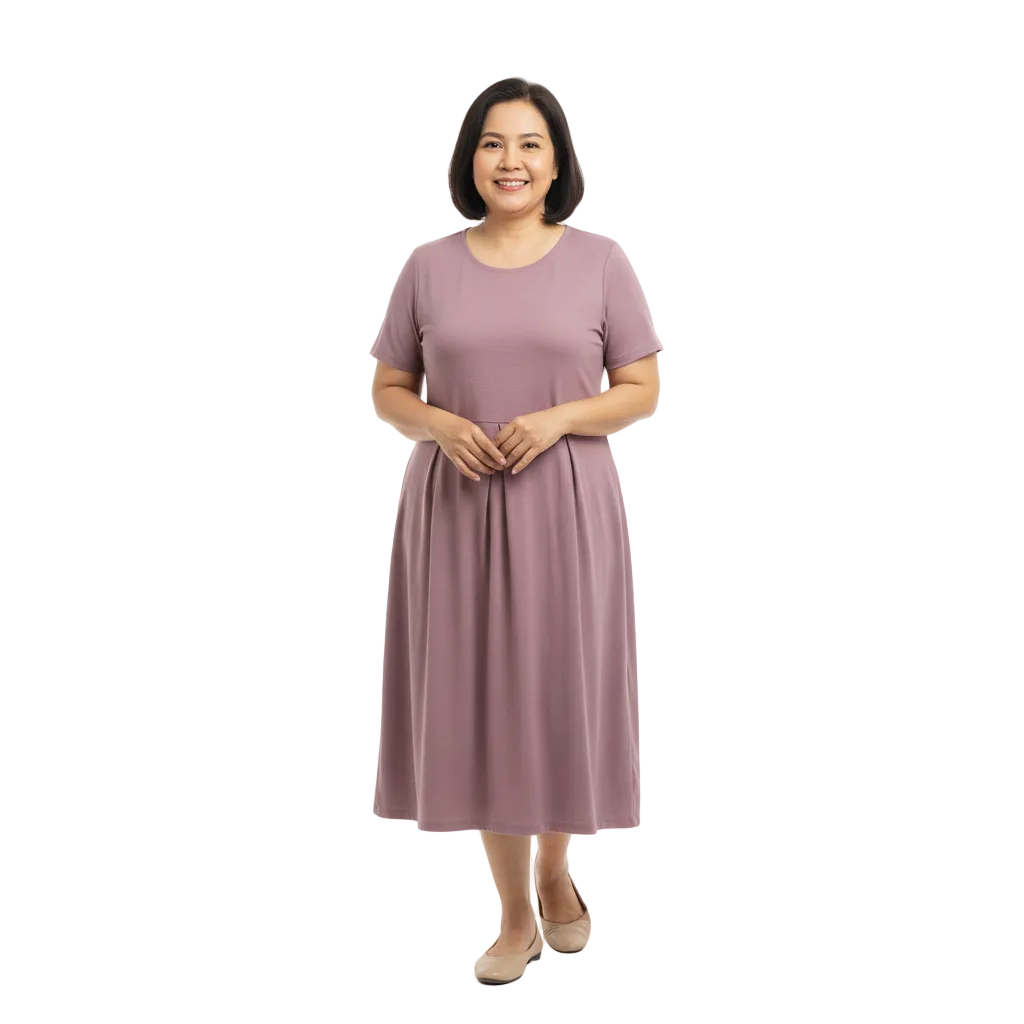 Front view of round neck pleated waist midi dress on white background