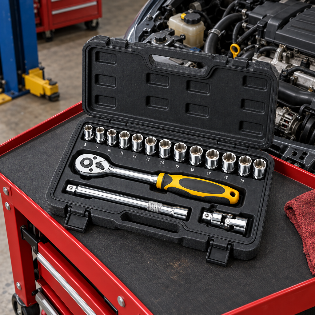 Open ratchet socket set toolbox resting on a rolling workshop cart beside a vehicle engine in an automotive repair garage