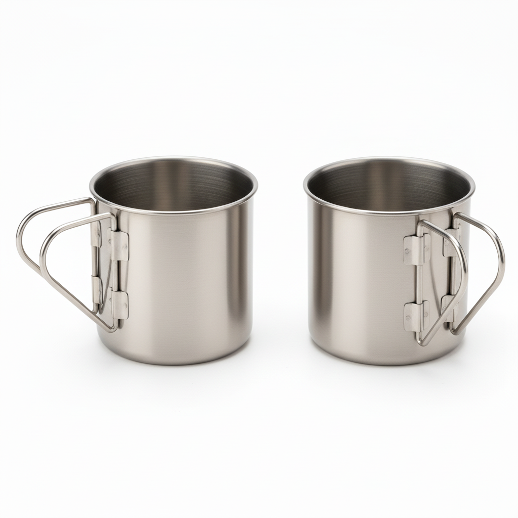 Stainless steel camping cups showing open and folded handle positions on pure white background