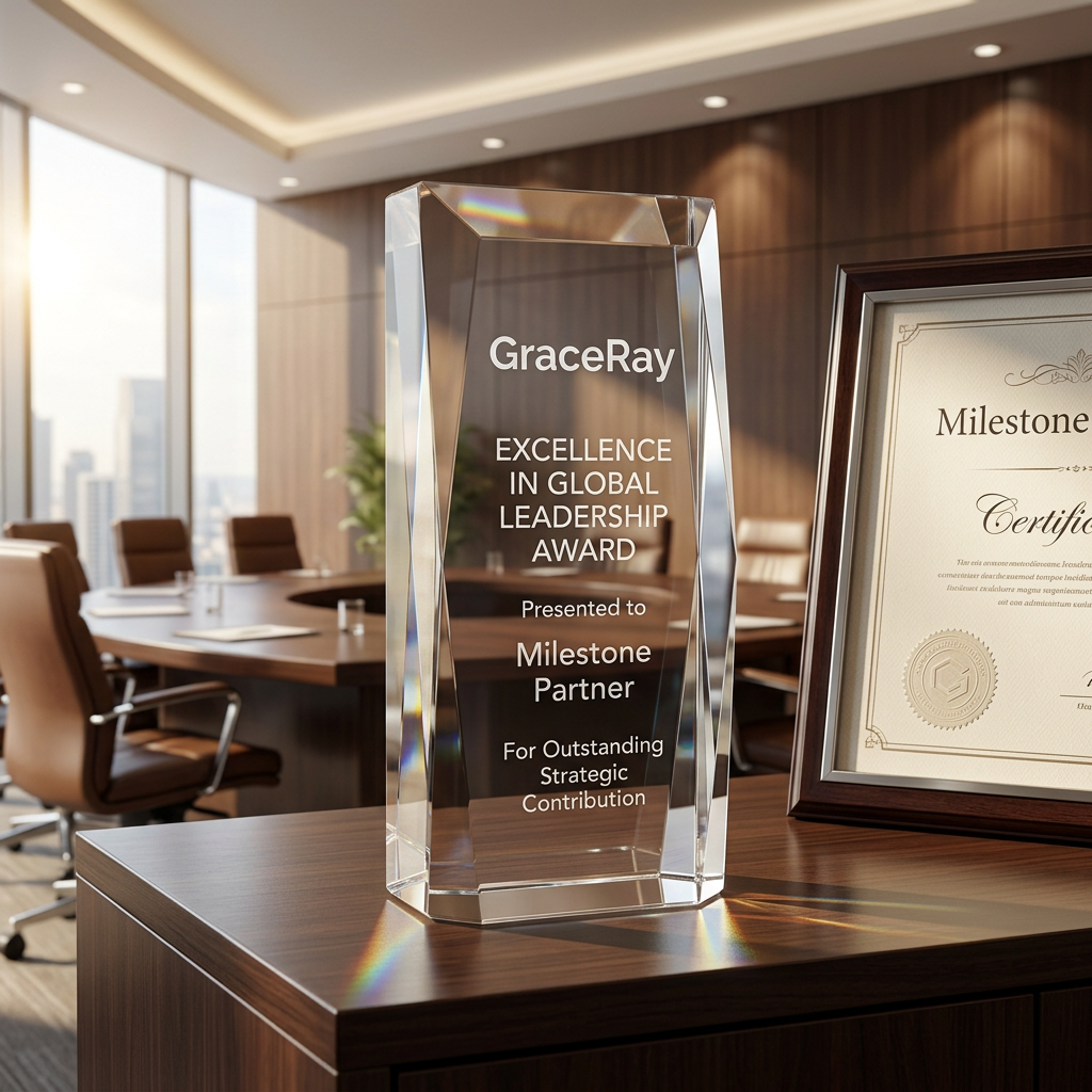 Custom engraved crystal award displayed on an executive boardroom credenza for corporate milestone recognition