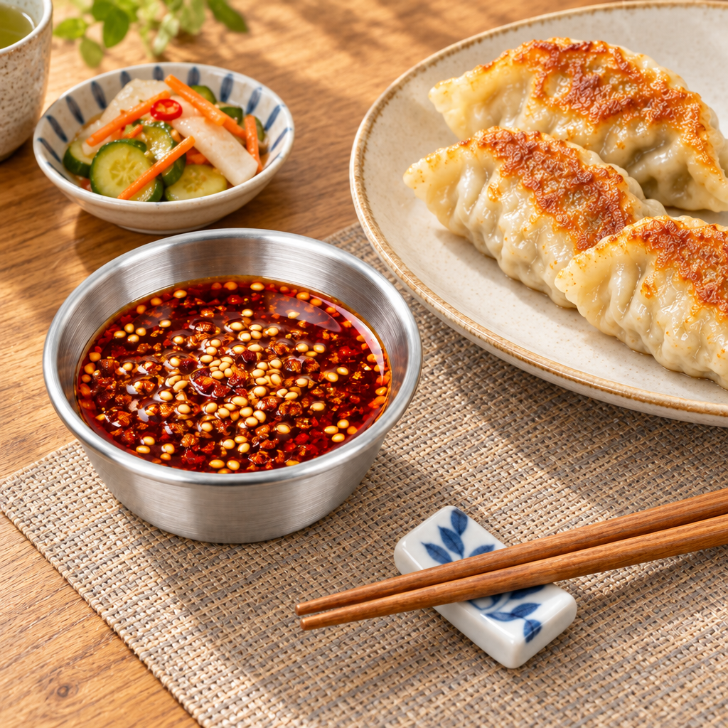 Round stainless steel sauce dish filled with chili dipping sauce on a wooden dining table beside a plate of dumplings and side dishes
