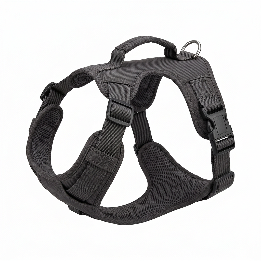 Adjustable dog harness showing padded vest body, nylon straps, side buckles, and metal D-ring on pure white background