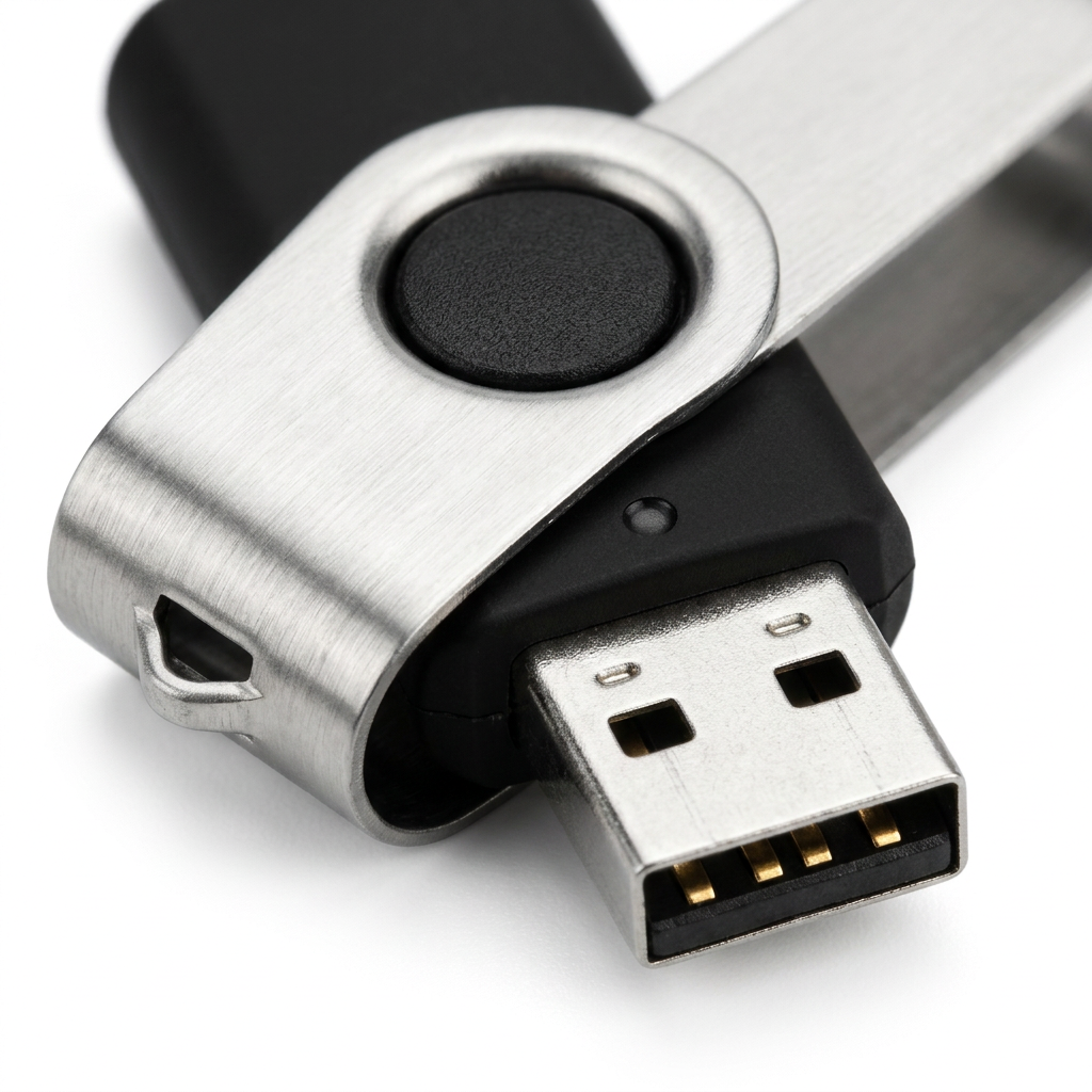 Detail close-up of swivel USB flash drive showing pivot hinge mechanism and USB connector on white background