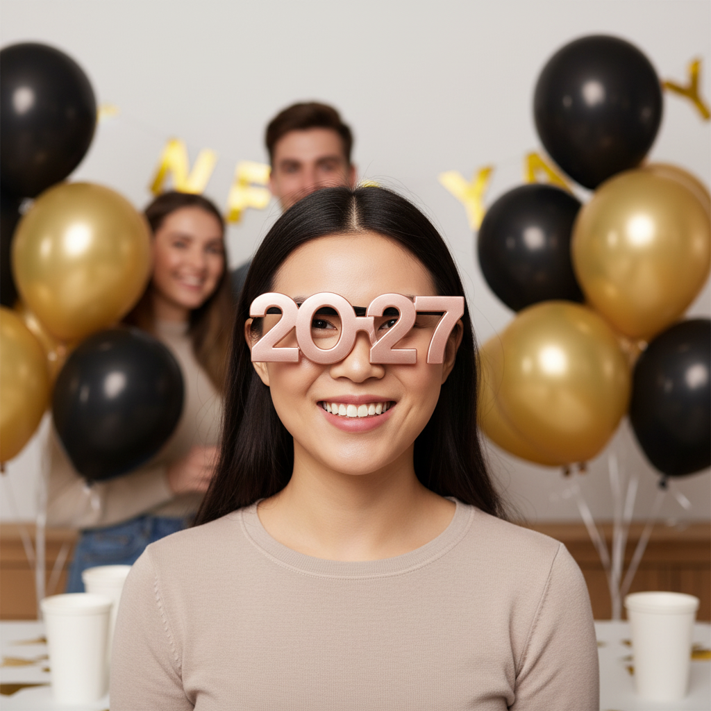 Woman wearing champagne rose gold 2027 novelty glasses in a casual celebration scene with round black and gold balloons