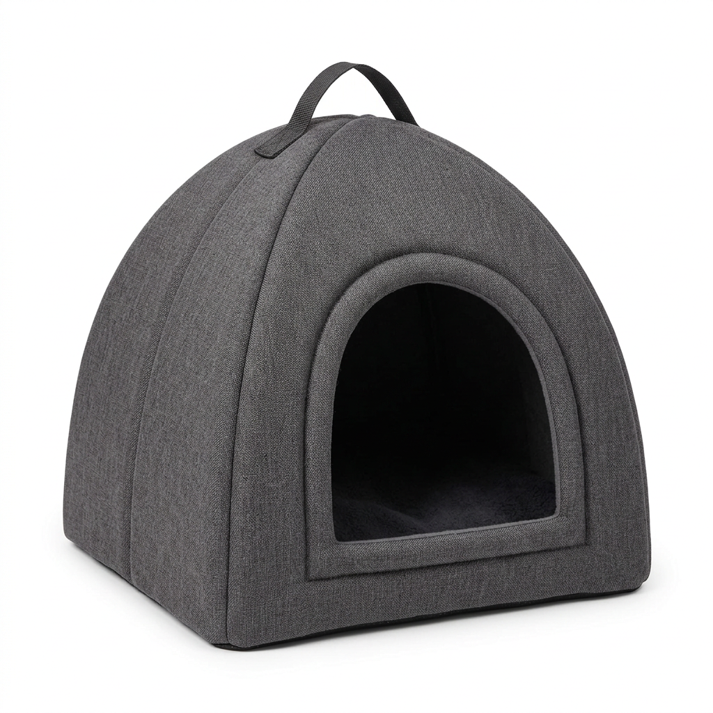 Covered cat cave bed showing charcoal-grey linen igloo yurt tent, top handle, and arched entrance on pure white background