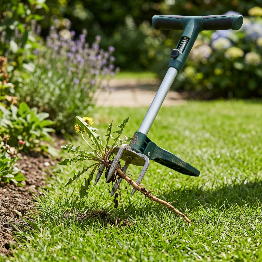 3-claw stand-up weed puller pulling a dandelion weed and long taproot cleanly out of lawn turf