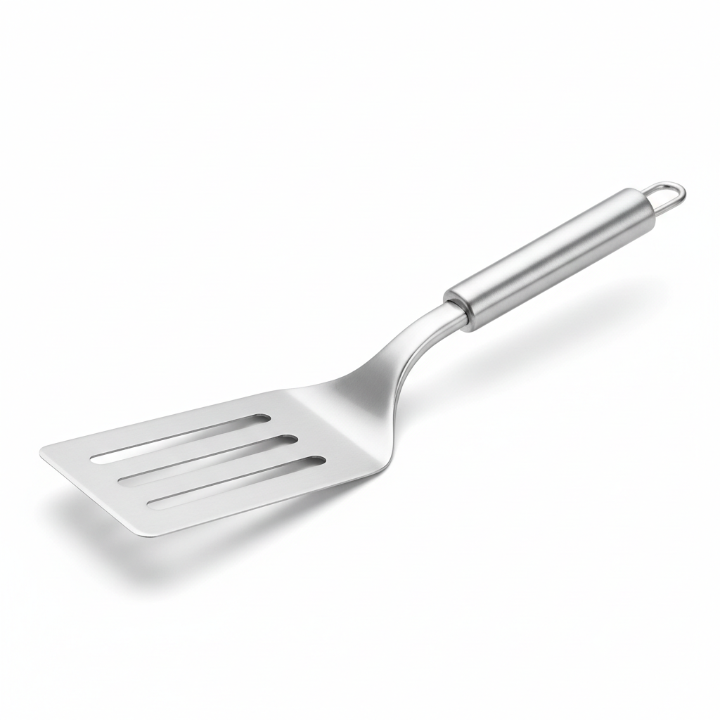 Stainless steel slotted turner spatula with drainage slots and hanging loop handle on pure white background