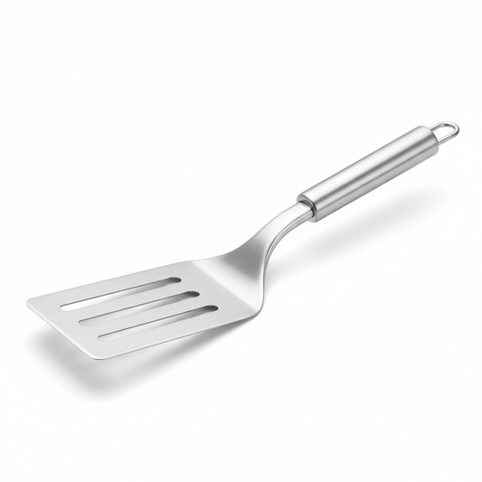 Stainless steel slotted turner spatula with drainage slots and hanging loop handle on pure white background