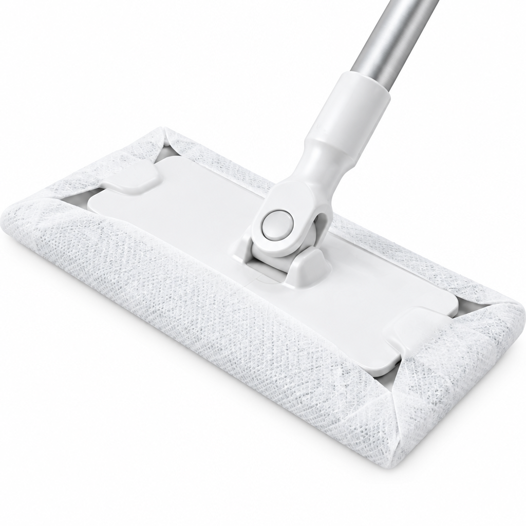 Close-up of the electrostatic dust mop head cloth gripper slots and 360-degree swivel joint