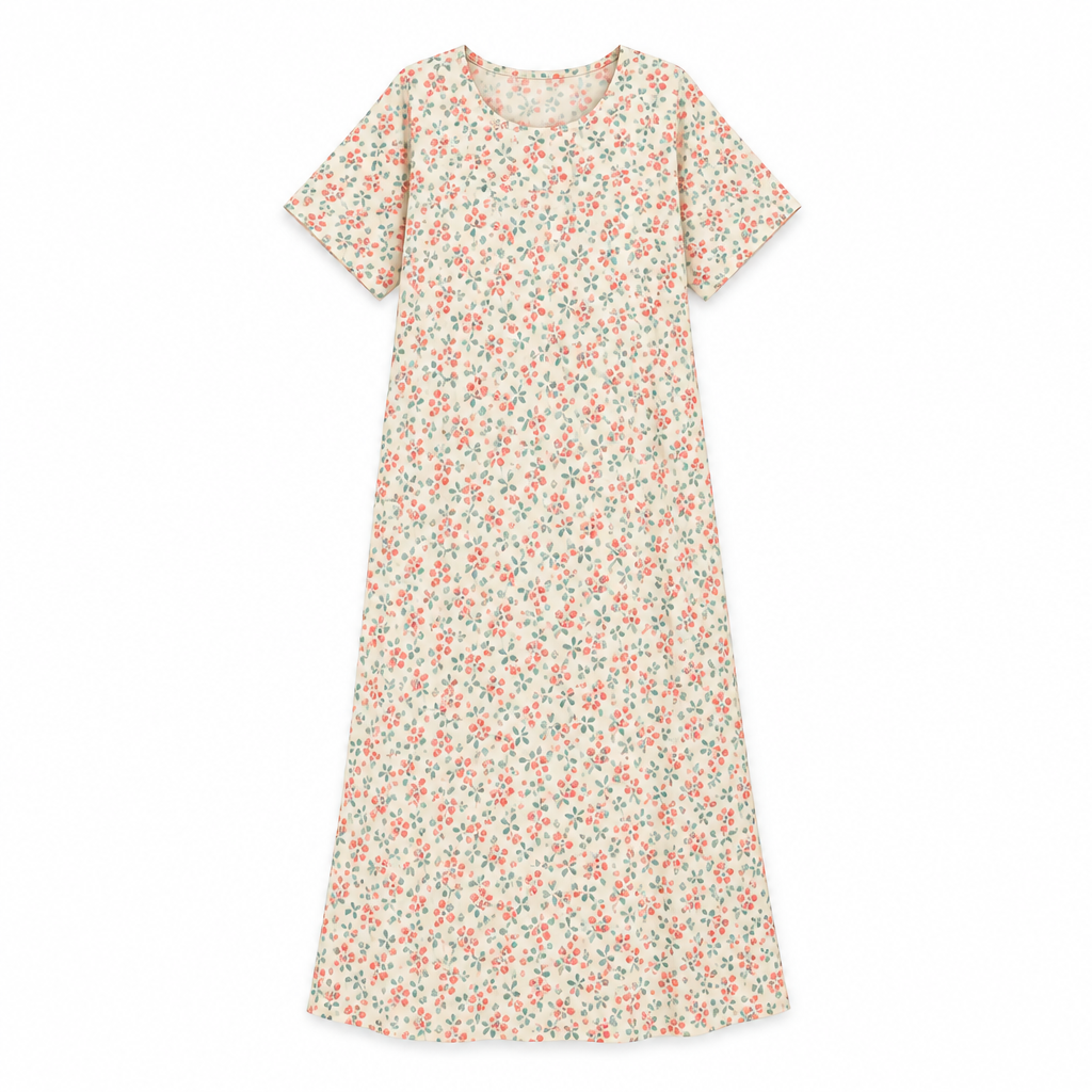 Product-only flat lay of ivory short-sleeve full-length kaftan dress with small coral and teal floral print on white