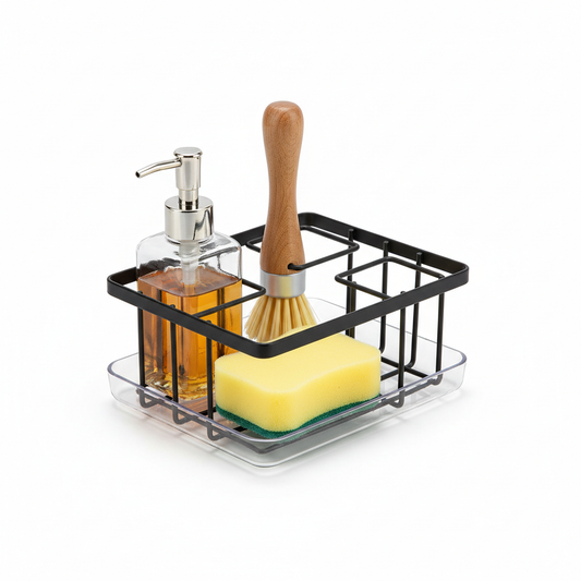 Kitchen sink caddy with drainage drip tray holding soap dispenser, dish brush, and sponge on pure white background