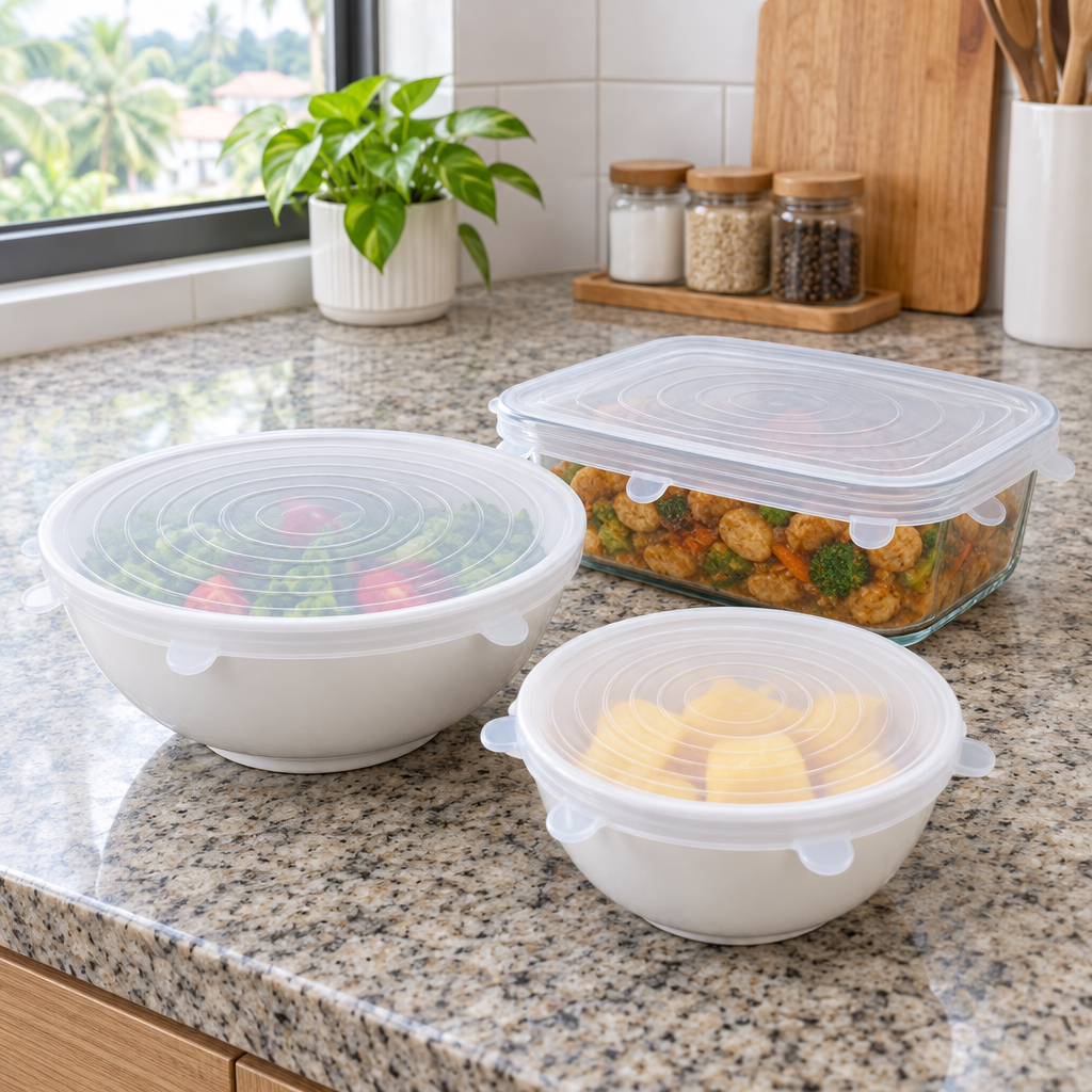 Reusable silicone food covers placed on compatible bowls and container in a Malaysian kitchen