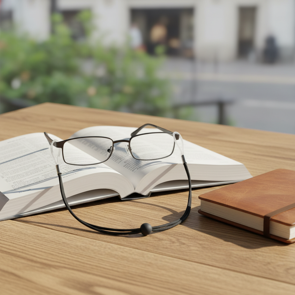 Eyeglass neck cord and glasses on travel guidebook on outdoor cafe table