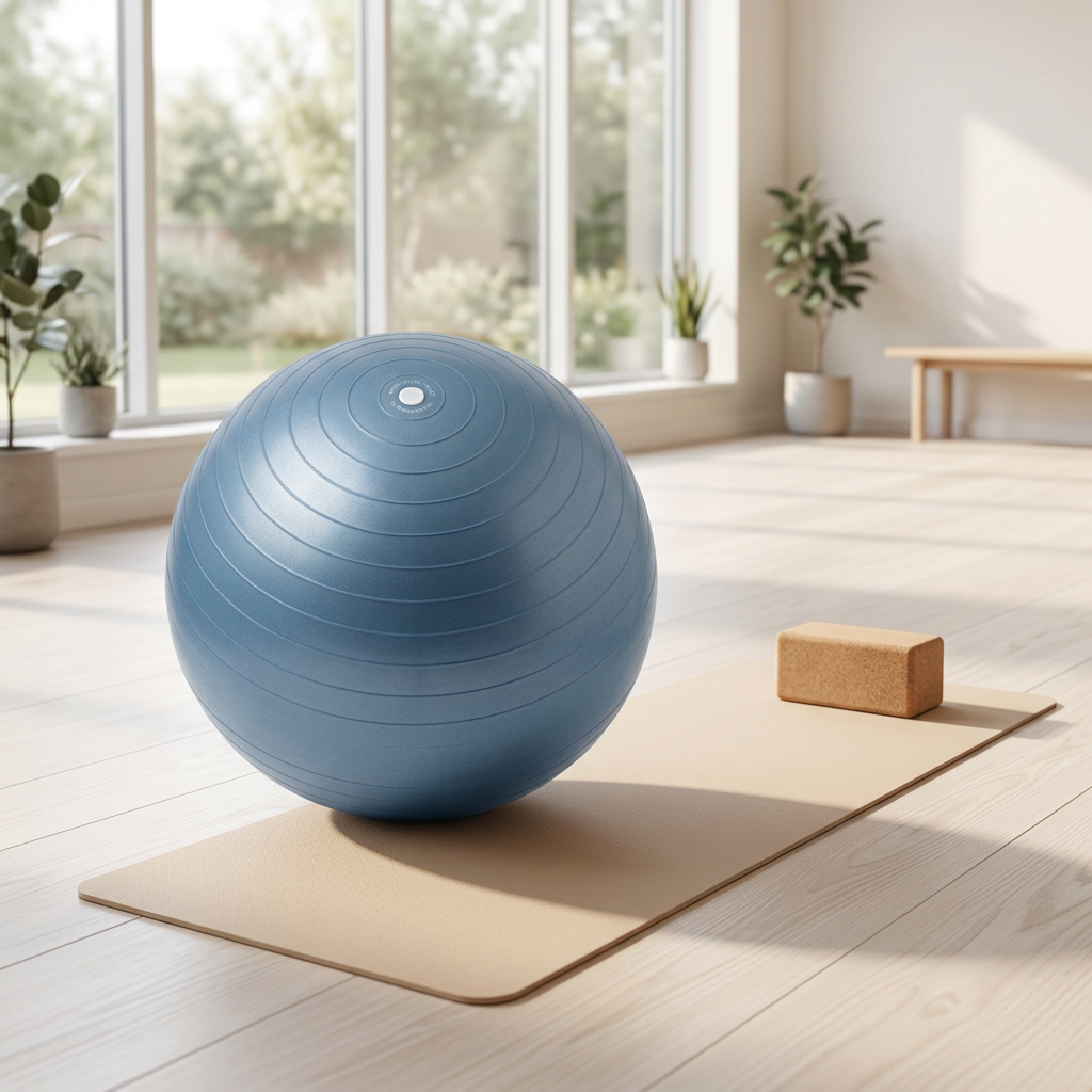 Inflatable exercise ball resting on a fitness studio floor next to a yoga mat