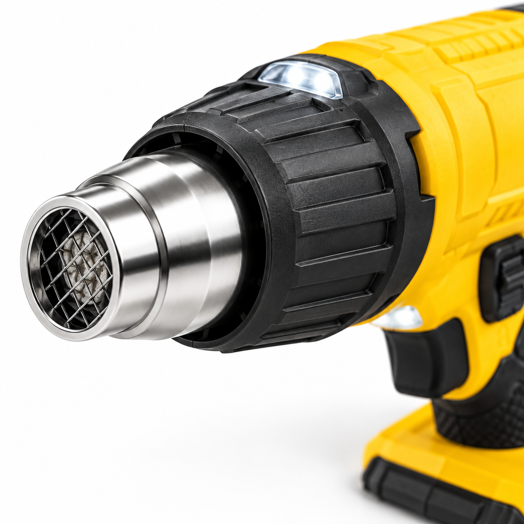 Close-up macro view of the cordless heat gun stainless steel reduction nozzle, quick-eject collar, and LED light on a pure white background