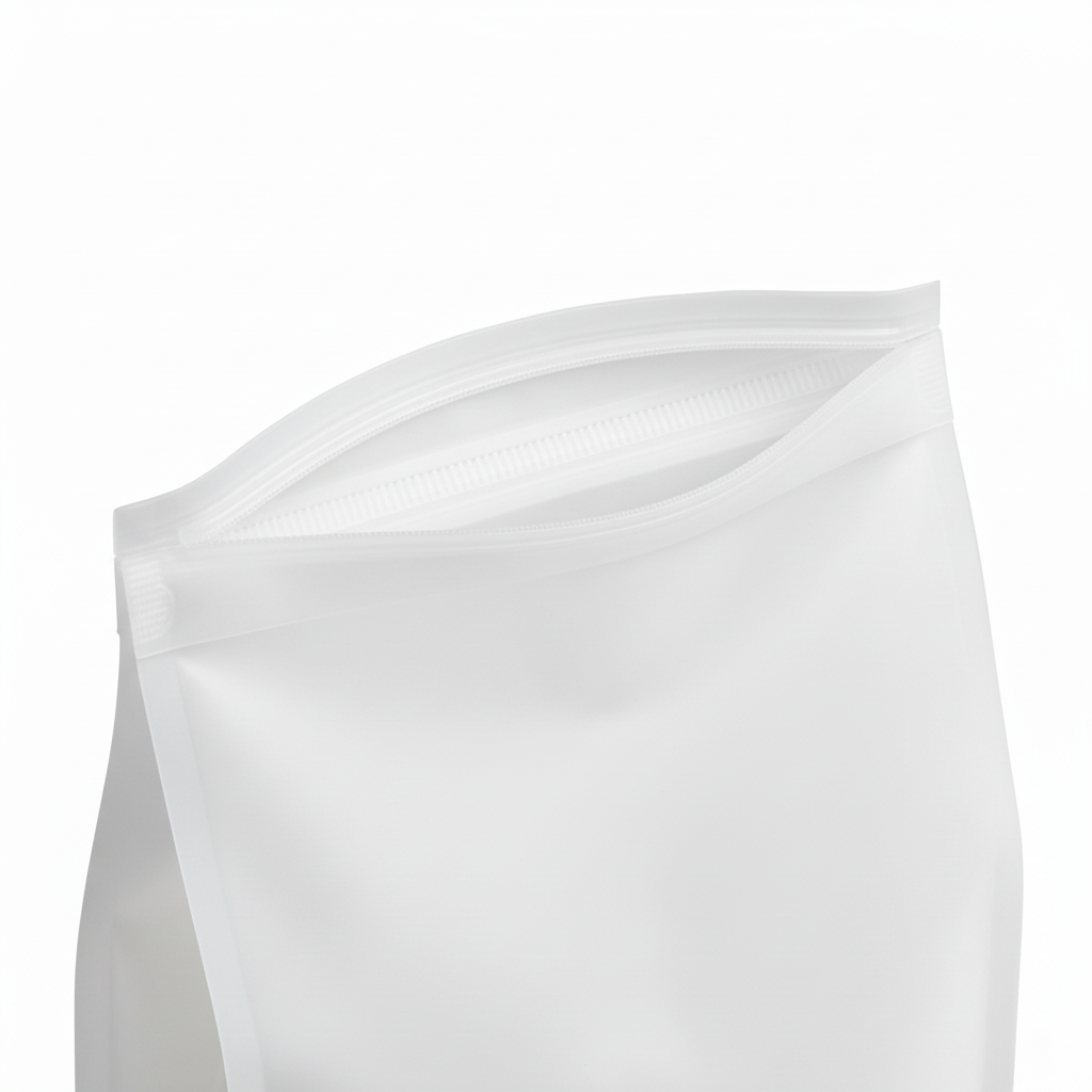 Macro detail of silicone food storage bag open mouth and pinch-press seal track on pure white background