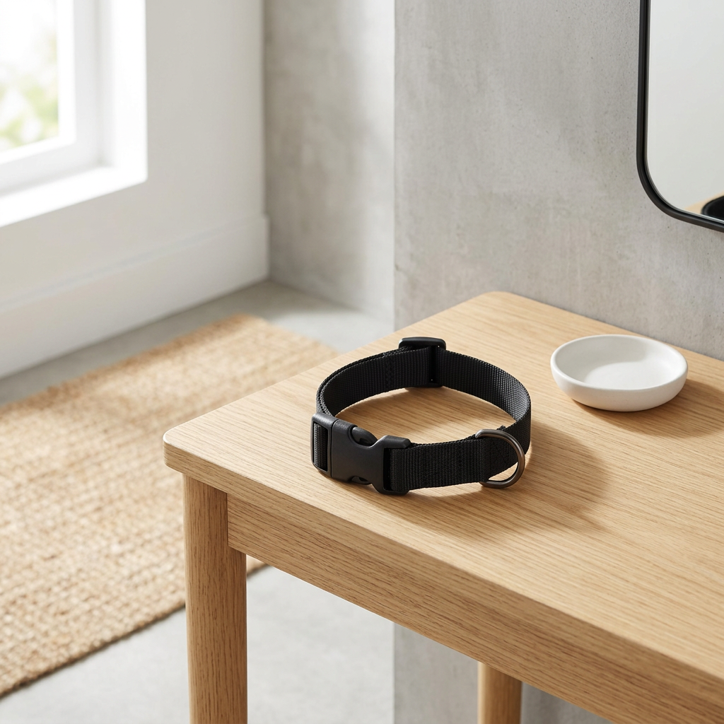 Adjustable dog collar resting on an entryway console table beside a ceramic dish in natural morning light