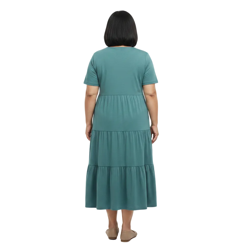 Back view of V-neck tiered midi dress on white background