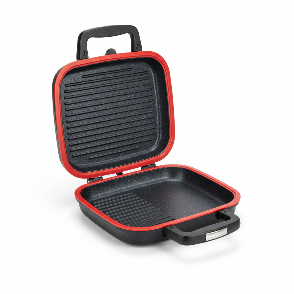 Double-sided non-stick grill pan opened on pure white background showing ridges and flat skillet