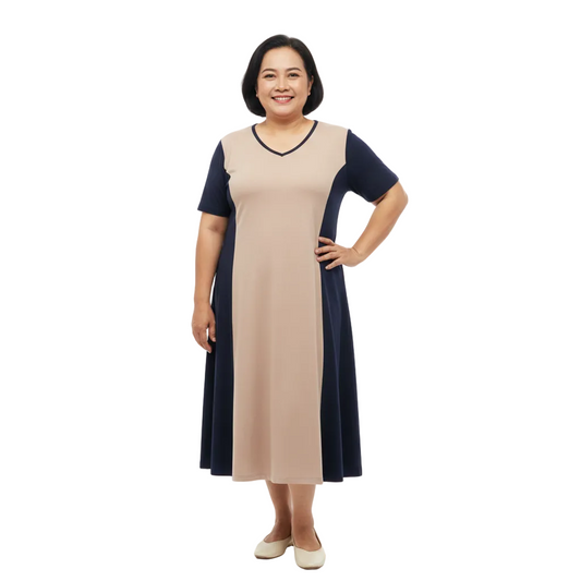 Front view of two-tone color-block A-line midi dress on white background