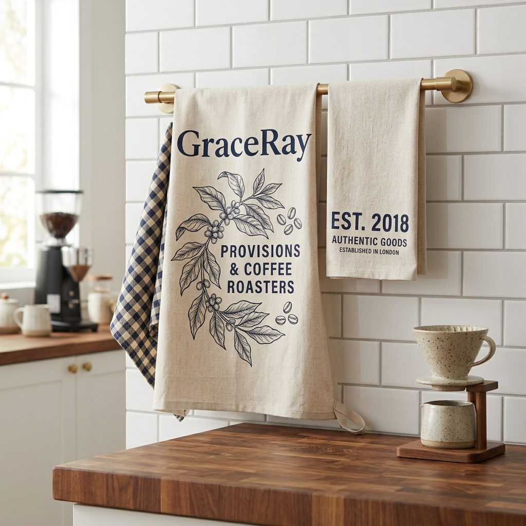 Custom branded tea towel hanging beside a coffee dripper in a gourmet lifestyle kitchen