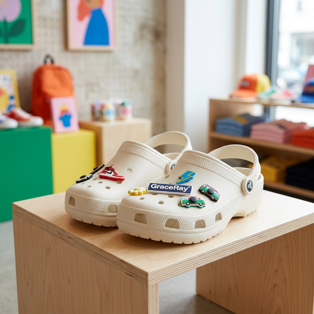 Custom shoe charms snapped into compatible foam clog shoes in a lifestyle boutique setting