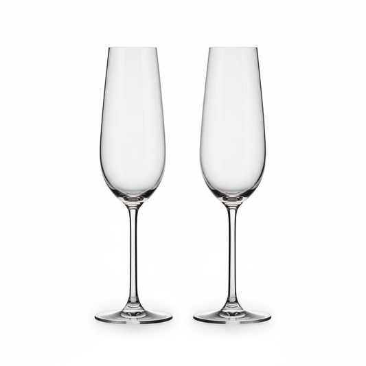 Two clear lead-free crystal hotel champagne flutes approximately 200ml each with classic tall narrow elongated bowl long slender stem and wide stable flat base placed side by side on white background, commercial hospitality banquet wedding event glassware