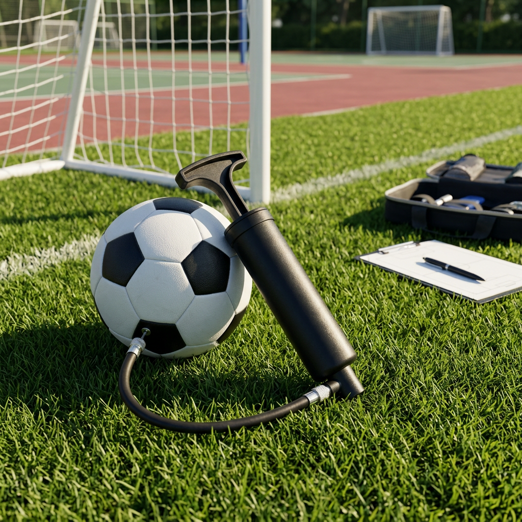 Portable sports ball pump with needle next to a soccer ball on a grass pitch