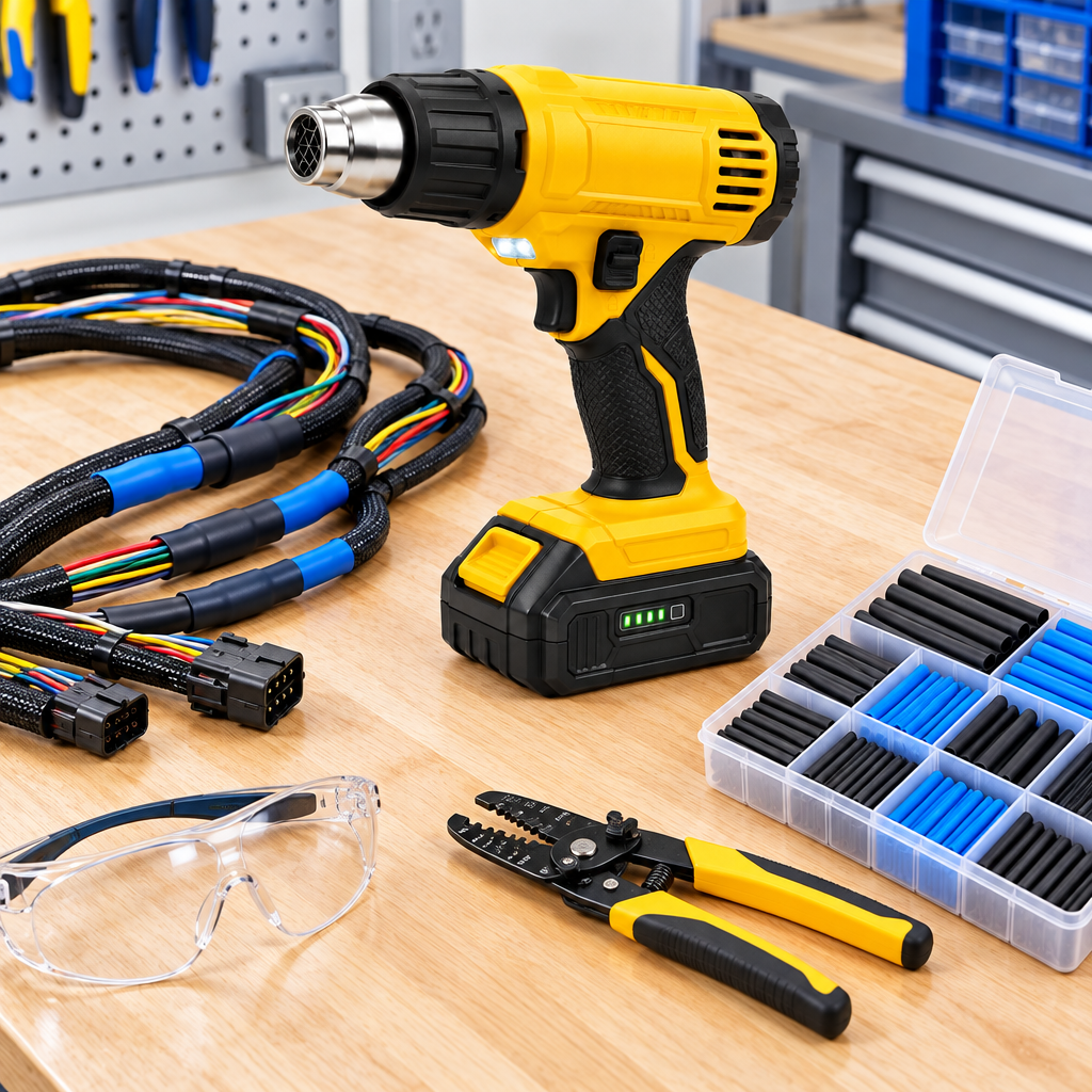 Cordless heat gun standing upright on an electrical workbench beside contracted heat-shrink tubing, wire stripper, and safety glasses