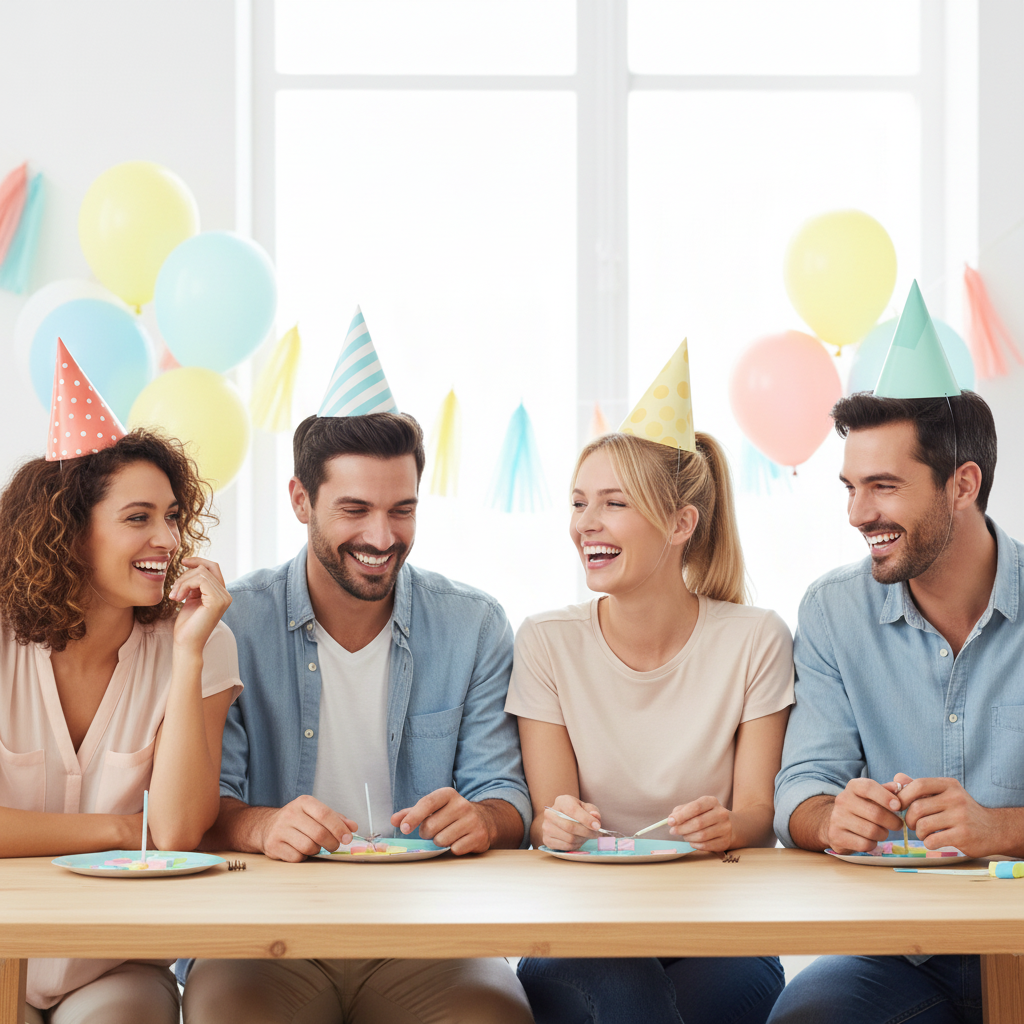 Four adults wearing matching coral, blue striped, pale yellow and mint green cone paper hats at a bright party table.