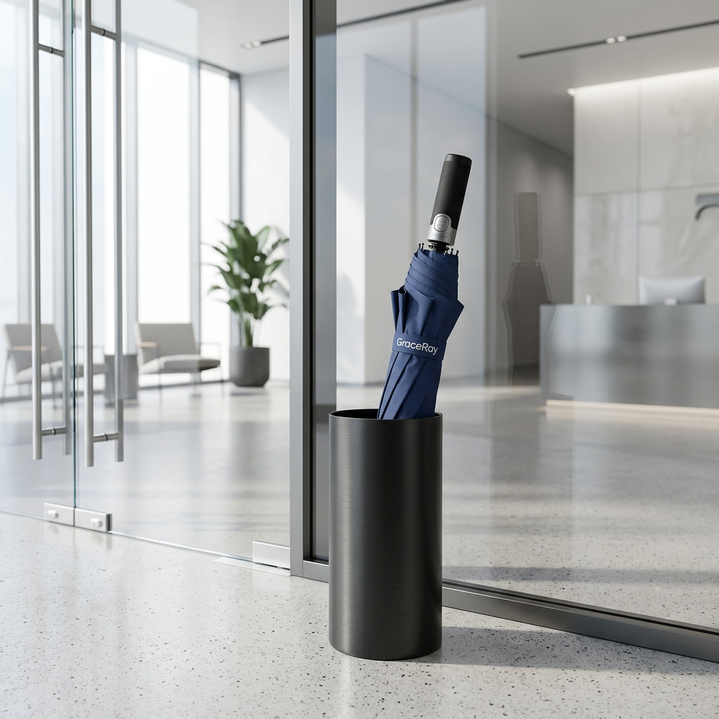 Custom promotional folding umbrella neatly stored in a stand at a corporate lobby entrance