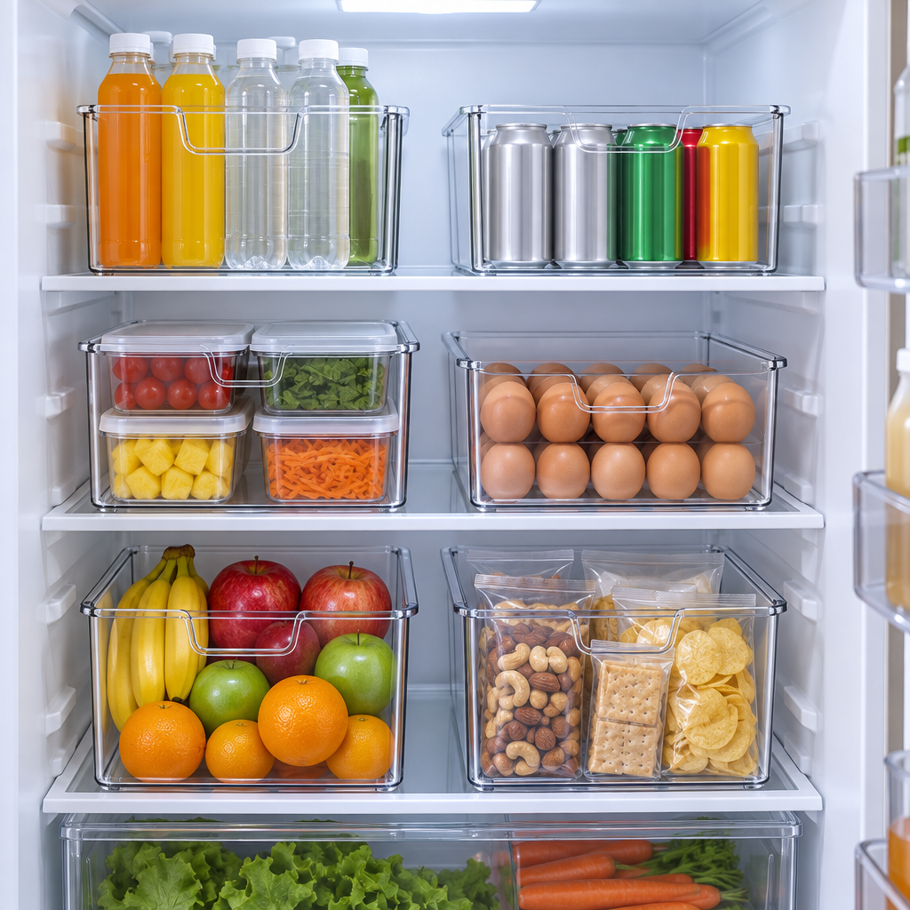 Clear fridge bins in a household refrigerator separating drinks, small containers and packaged foods