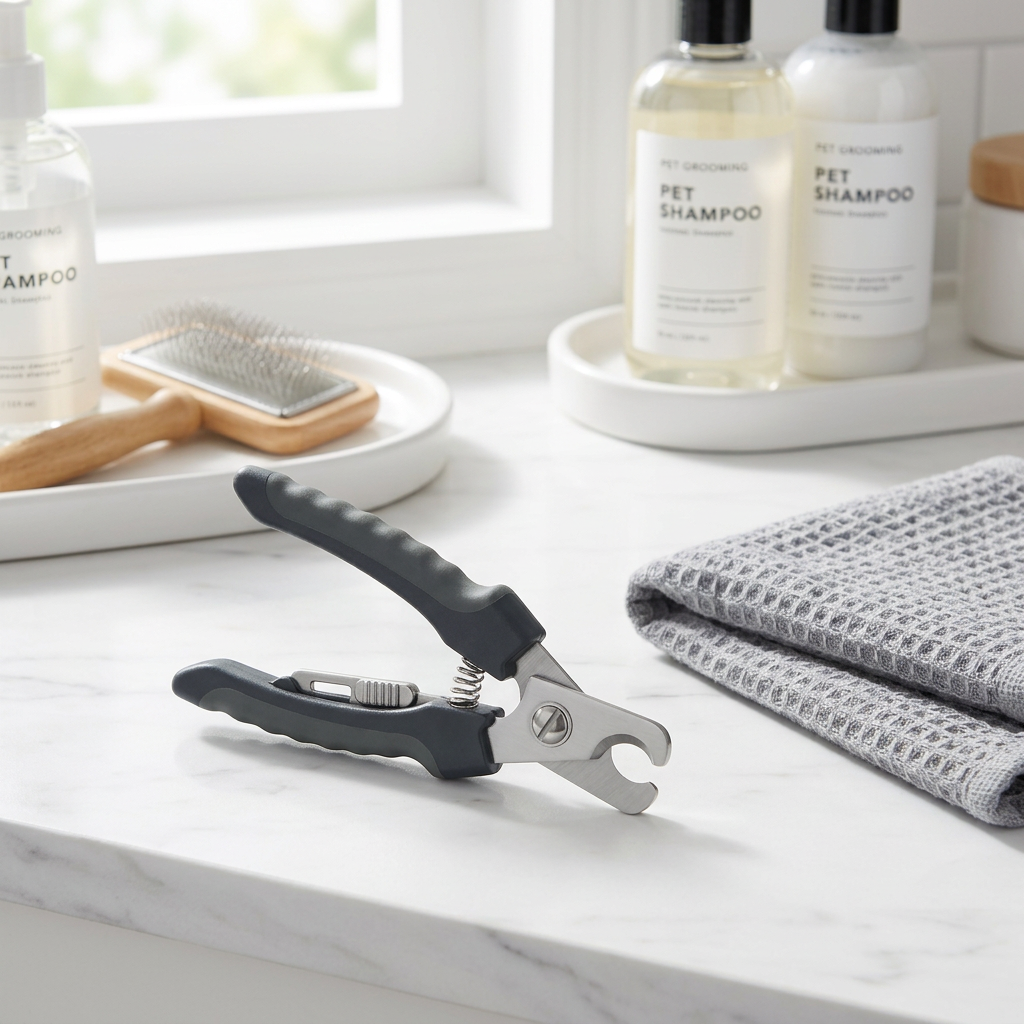 Pet nail clippers resting beside grey grooming towel on marble bathroom countertop