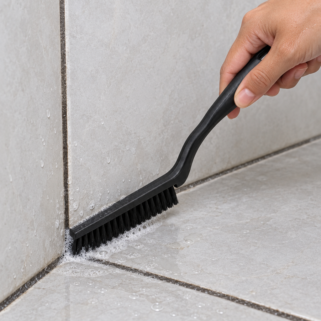 Corner cleaning brush held by hand scrubbing a narrow tile corner and grout line in an Indonesian bathroom