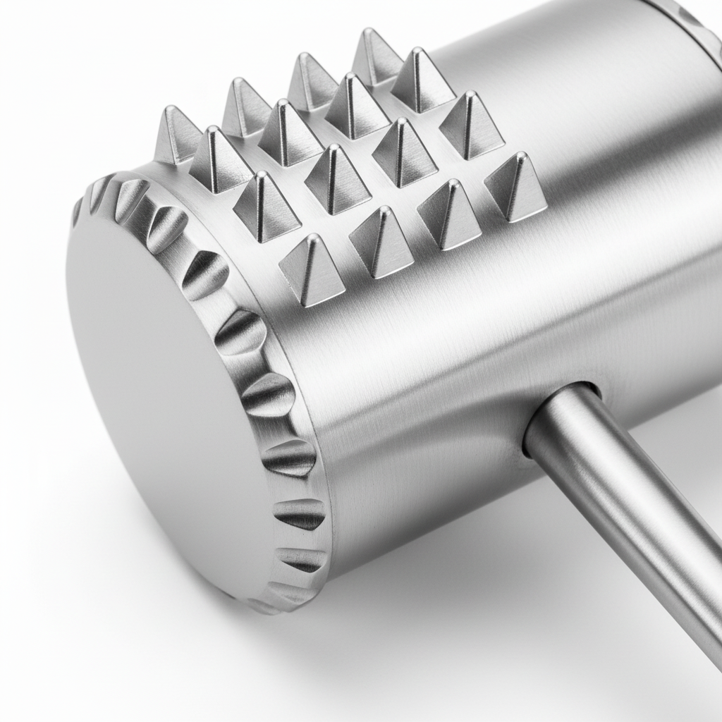 Macro detail of textured pyramid spiked teeth on solid stainless steel tenderizer head