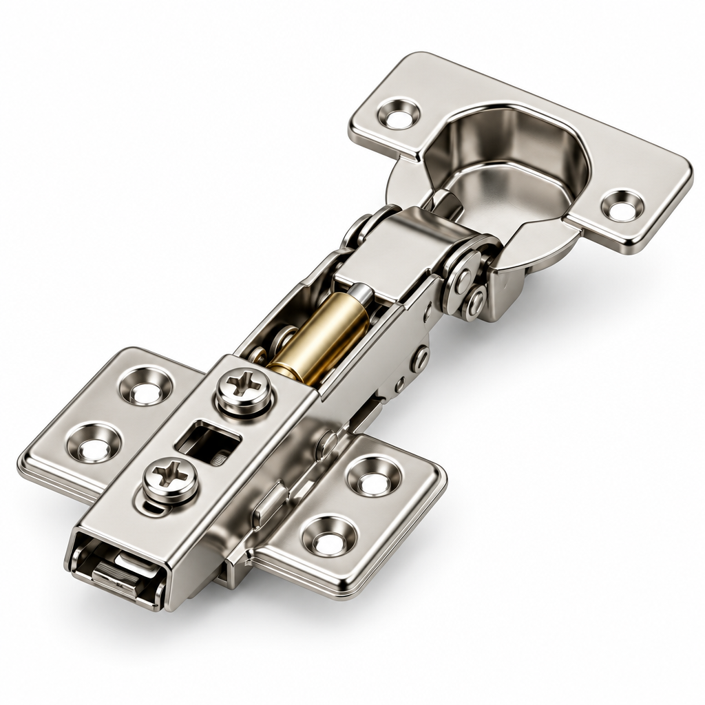 Close-up macro view of the integrated hydraulic damper cylinder and 4-hole cross mounting plate with 3D adjustment screws on a pure white background