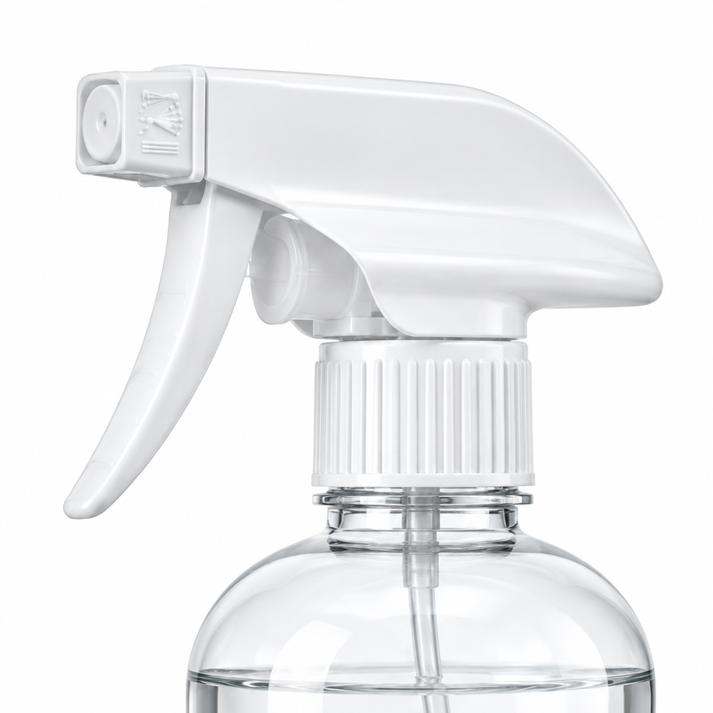 Close-up of the spray bottle trigger, adjustable nozzle and screw neck