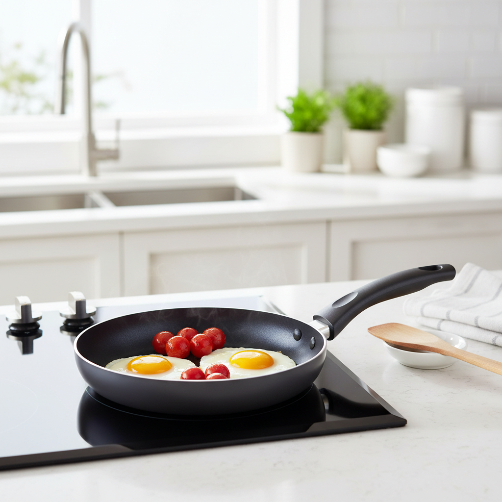 Non-stick frying pan cooking sunny-side-up eggs and tomatoes on a cooktop in a bright modern kitchen.