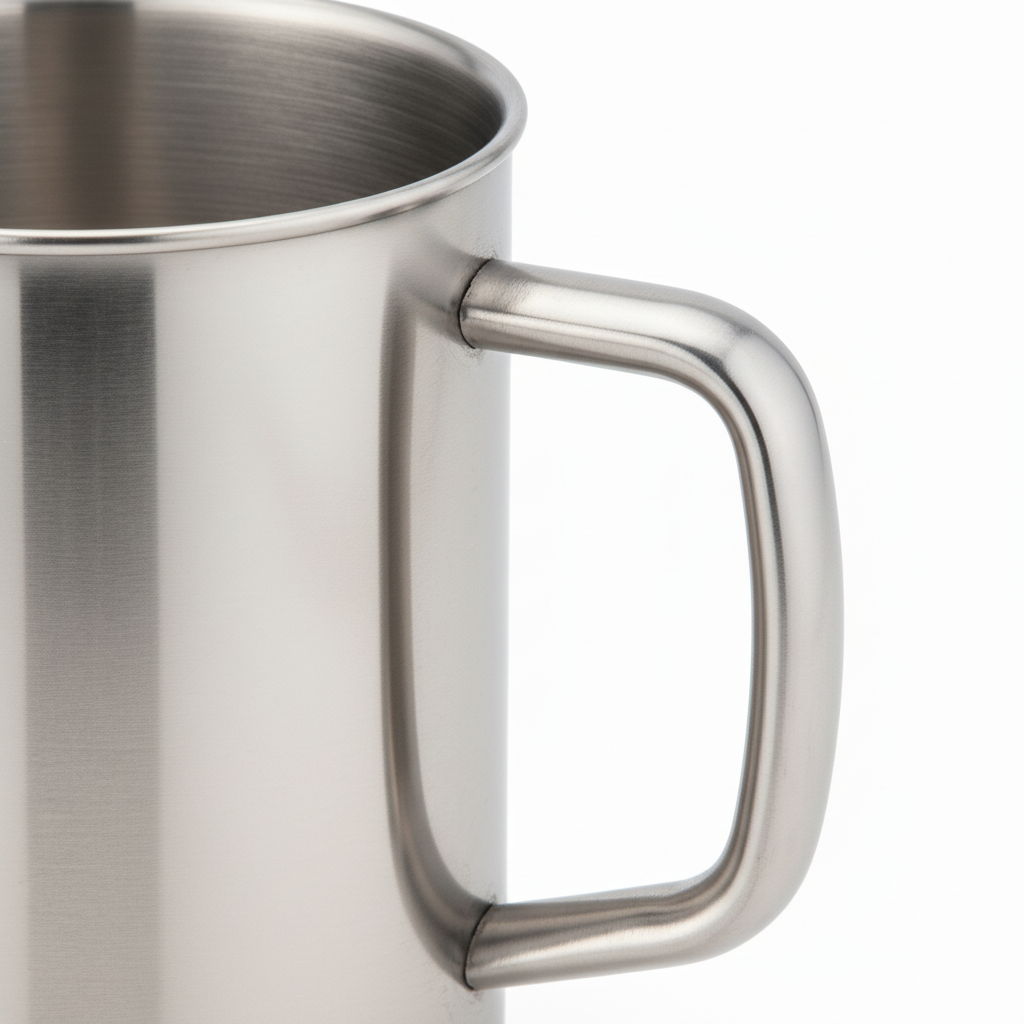 Close-up of welded side handle and brushed metallic finish on pure white background