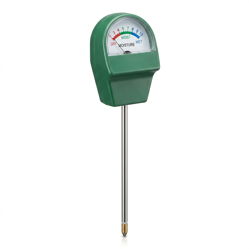 Single-probe analog soil moisture meter with green housing and color-coded moisture reading dial on pure white background