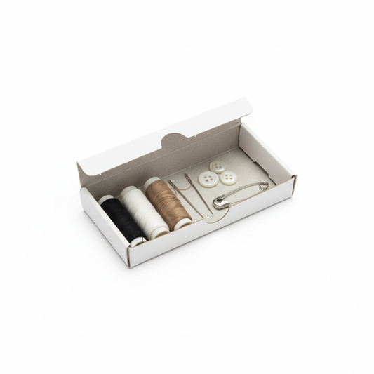 Hotel sewing kit white cardboard box opened showing multi-color thread spools, needles, buttons and safety pin on white background, compact guestroom emergency repair amenity