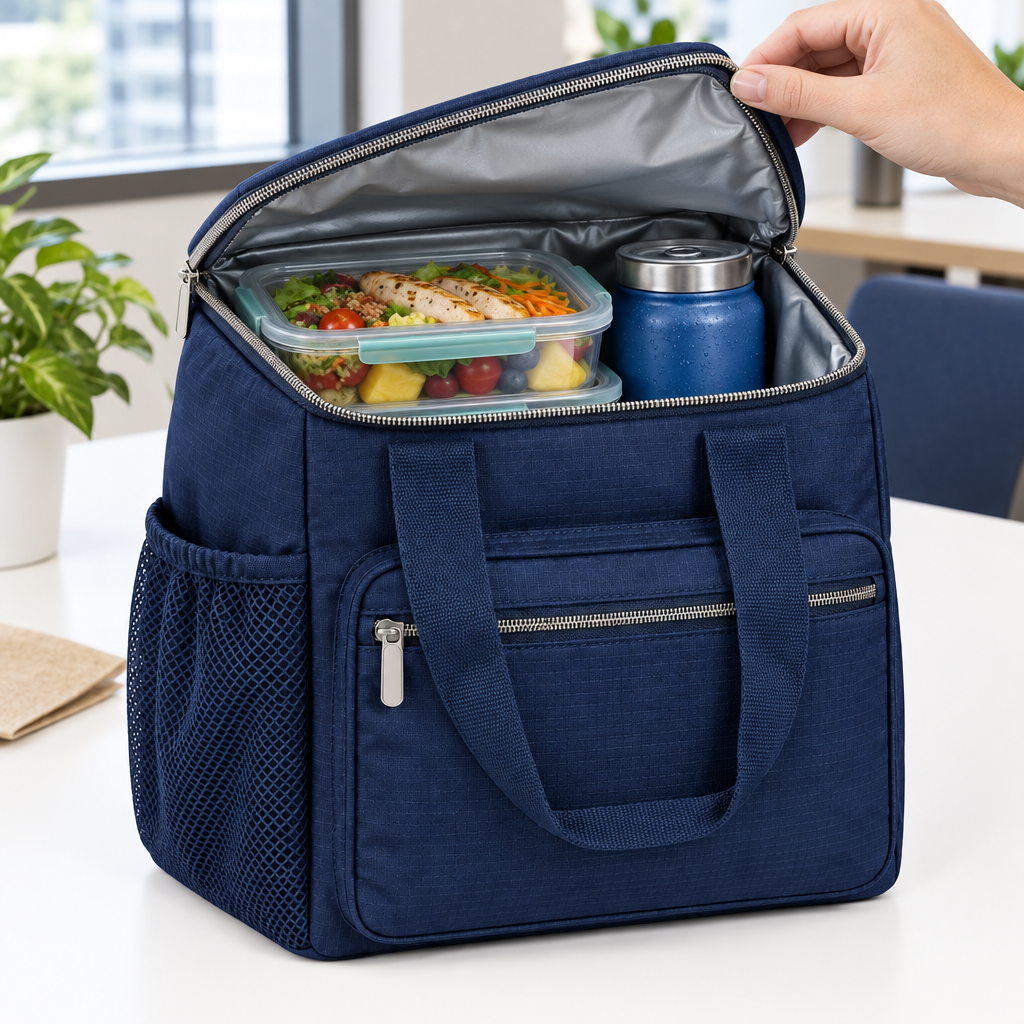 Insulated lunch bag opened on a breakroom table in an office environment showing meal container and drink flask inside