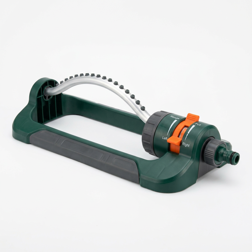 Single complete oscillating lawn sprinkler showing sledge base, arched water bar with rubber nozzles, and range adjustment sliders on pure white background