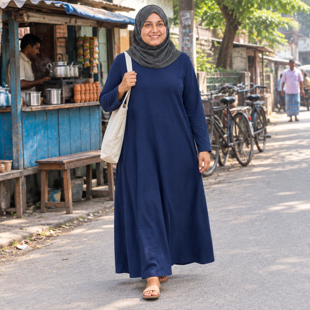 Model walking past a street tea stall in a navy loose maxi dress carrying a cloth tote bag