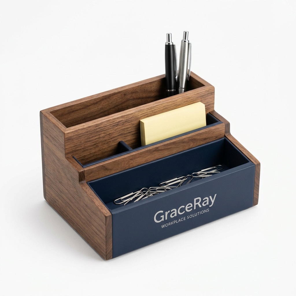 Desk organizer with compartments for pens, stationery, and small office accessories.
