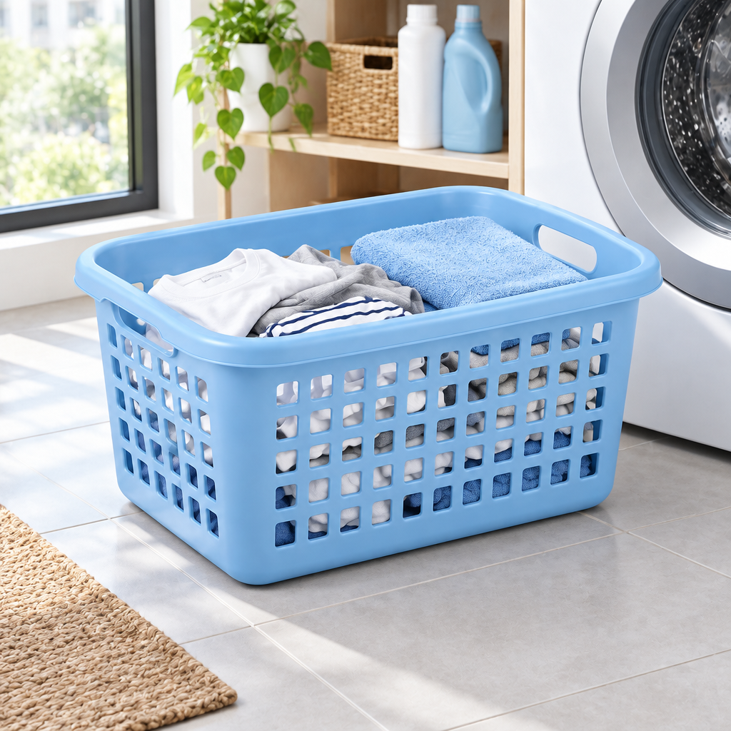 Plastic laundry basket with clean cotton laundry beside domestic washing machine in apartment laundry area