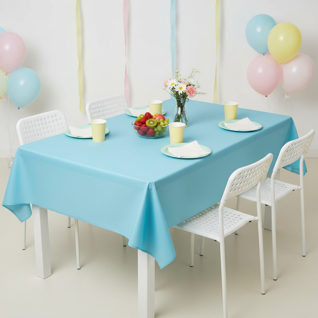 Sky-blue disposable table cover on a decorated six-person party table with pastel place settings, fruit and balloons.