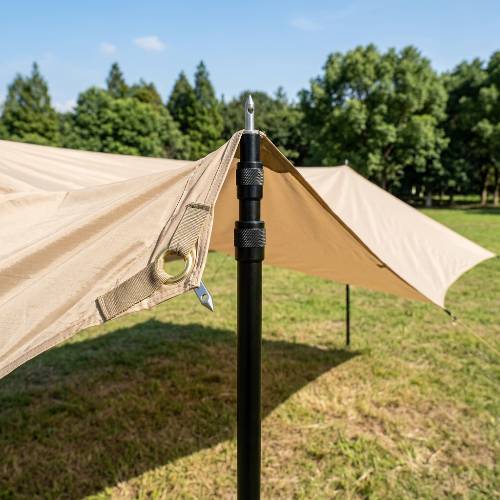 Black aluminum camping tarp pole erected vertically supporting a sand-beige canopy ridge on a green campsite under daylight