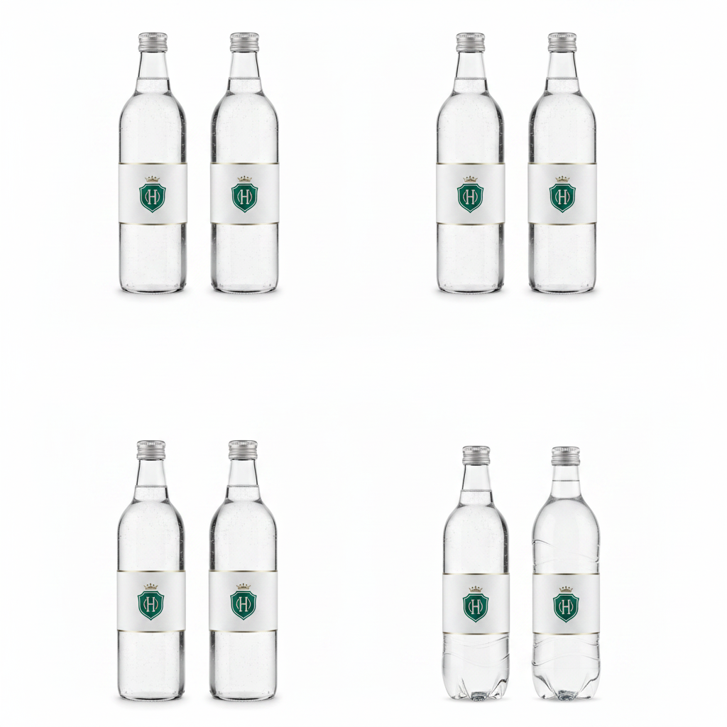 Assorted size capacities and materials of custom hotel water bottles on white background