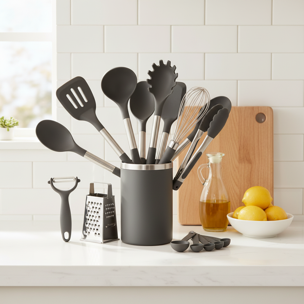 Multi-function kitchen utensil set with caddy on modern household kitchen countertop
